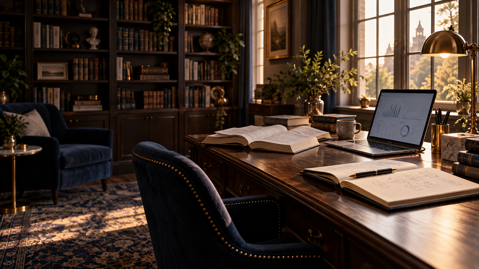 Oficina con escritorio de madera, libros y herramientas de análisis